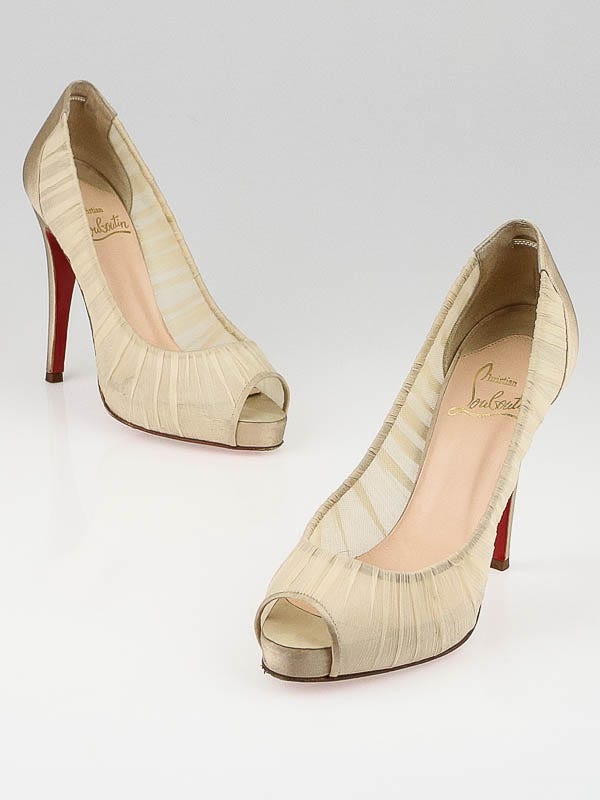 Christian Louboutin Beige Satin Ambrosina Peep Toe Pumps Christian Louboutin Beige Satin Ambrosina Peep Toe Pumps