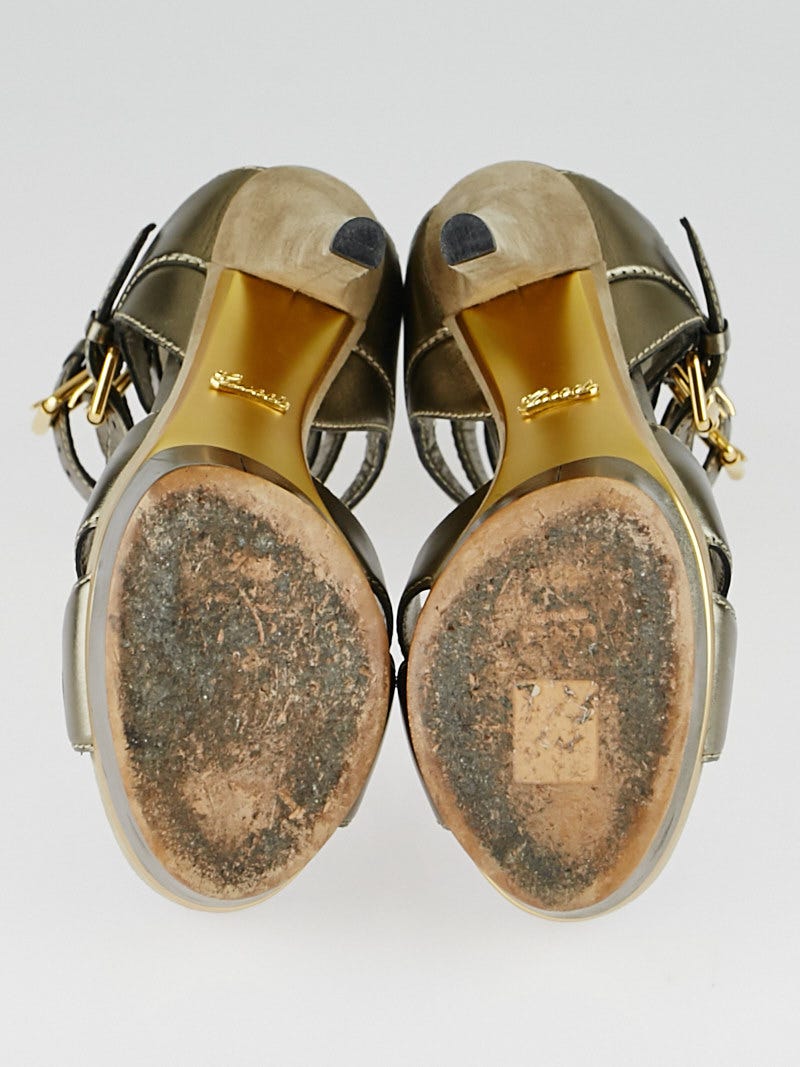 Gucci Bronze Leather Ankle Strap Platform Sandals Size 6/36.5