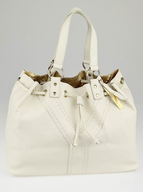 Yves Saint Laurent White/Gold Leather Reversible Double Sac Y Tote Bag