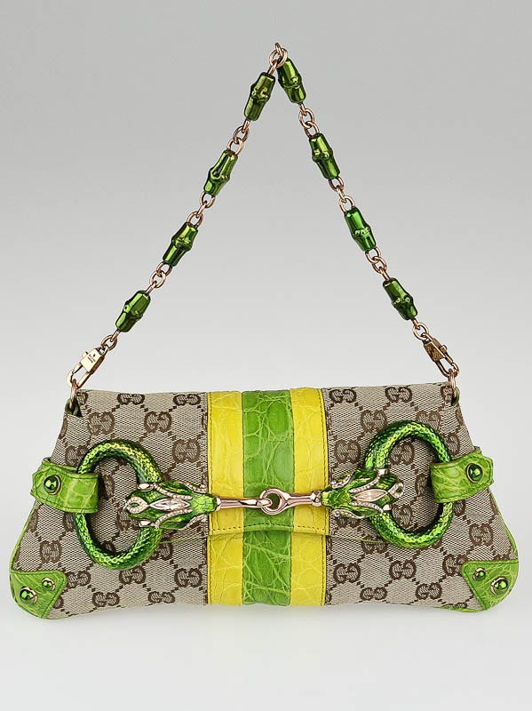 Gucci Limited Edition Beige GG Canvas Croc Embossed Tom Ford Snake Chain Clutch Bag 