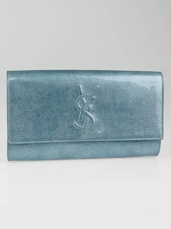 Yves Saint Laurent Metallic Light Blue Patent Leather Large Belle Du Jour Clutch Bag