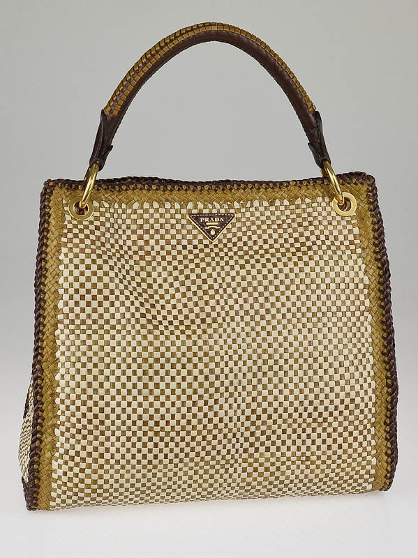 Prada Olive/Brown Woven Goatskin Leather Madras Hobo Bag