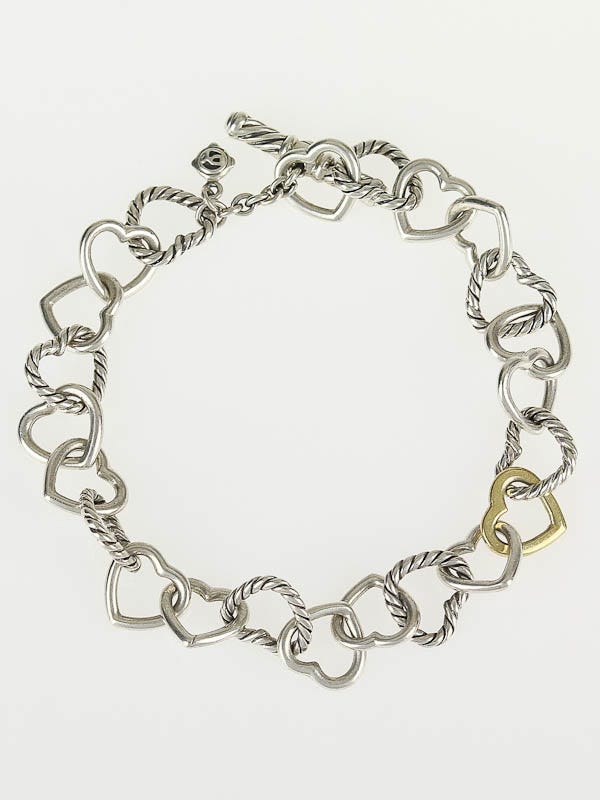 David Yurman Sterling Silver and 18k Gold Cable Heart Link Bracelet