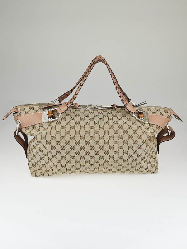 Gucci Beige/Pink GG Canvas Bamboo Bar Medium Tote Bag