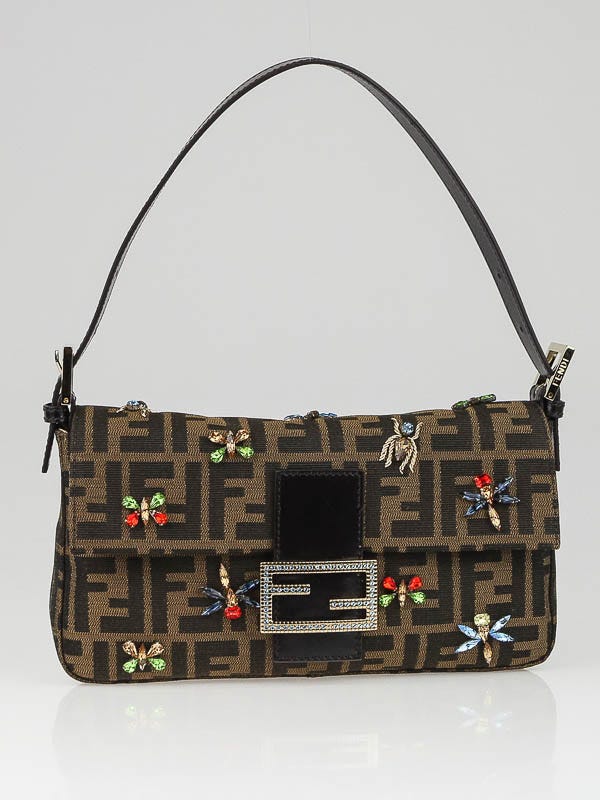Fendi Tobacco Zucca Print Canvas and Crystal Beaded Baguette Bag - 8BR600