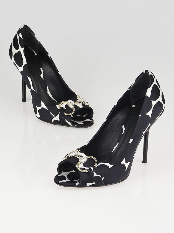 Gucci Black/White Satin Crystal Horsebit Hollywood Pumps Size 5.5B/36