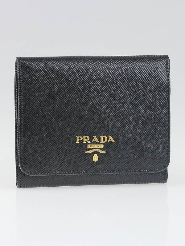 Prada Black Saffiano Metal Leather Trifold Compact Wallet 1M0176