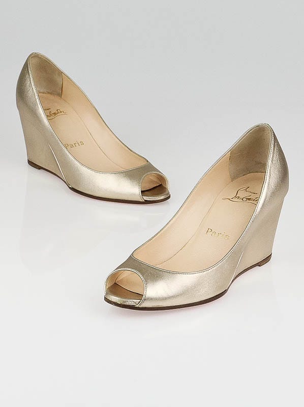 Christian Louboutin Gold Leather Materna Peep Toe Wedges Size 4.5/35