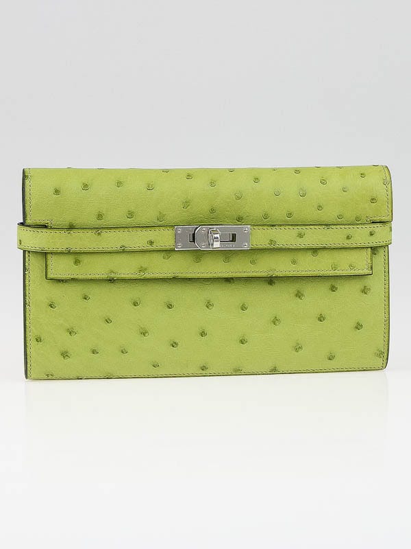 Hermes Vert Anis Ostrich Leather Palladium Plated Kelly Longue Wallet