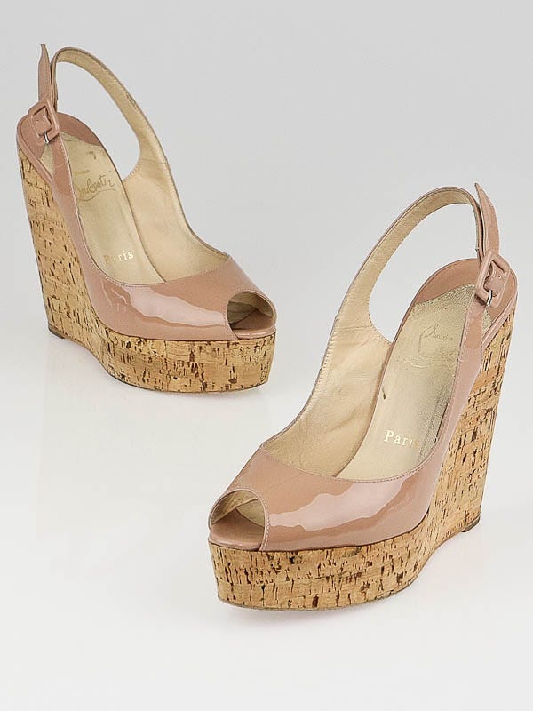 Christian Louboutin Nude Patent Leather Une Plume Sling 140 Wedges Size 7/37.5
