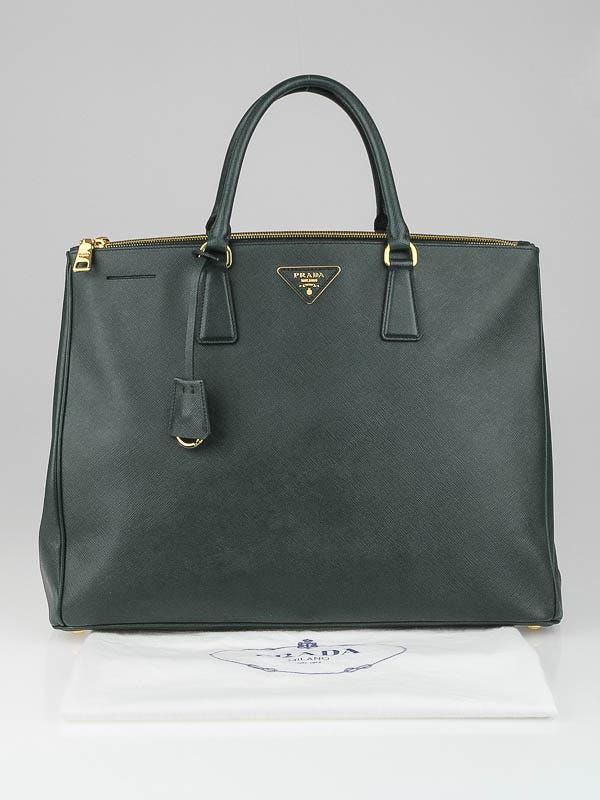 Prada Dark Green Saffiano Lux Leather Double Zip Executive Tote Bag BN1802  - Yoogi's Closet