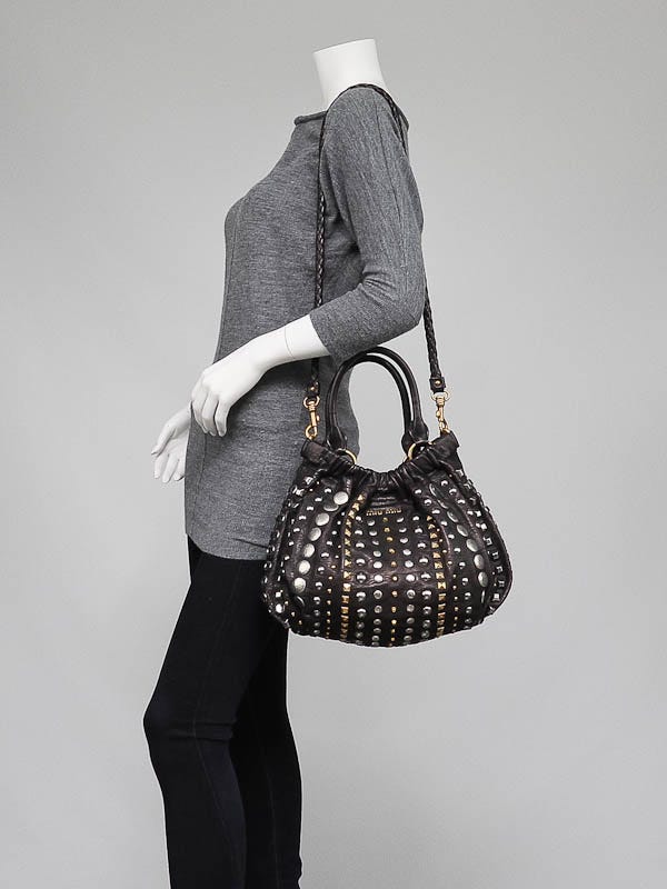 Miu Miu Black Leather Small Studded Tote Bag | Yoogi's Closet