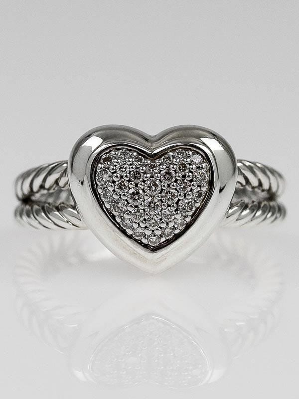 David Yurman Sterling Silver and Diamond Cable Heart Ring Size 7