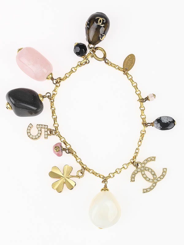 Chanel Gold Metal Chain Stone and Logo Charm Bracelet
