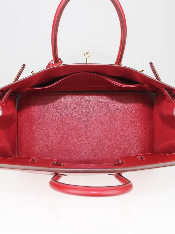 Hermes 35cm Rouge Casaque Clemence Leather Gold Plated Birkin Bag - Yoogi's  Closet