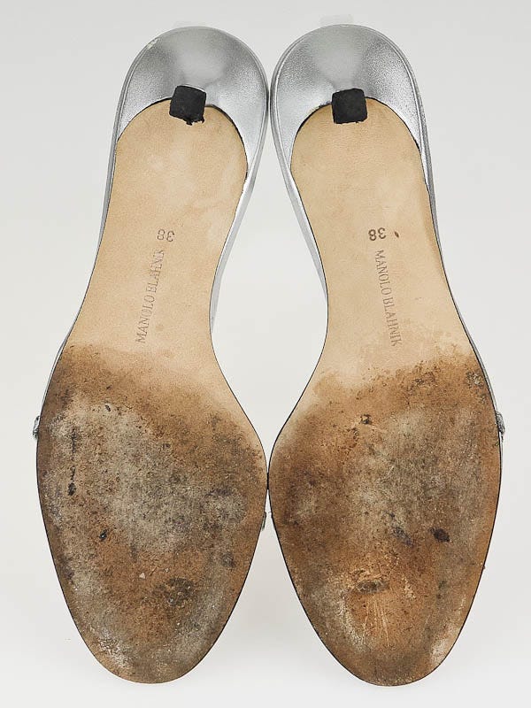 Manolo Blahnik Silver Leather Crystal T-Strap Sandals Size