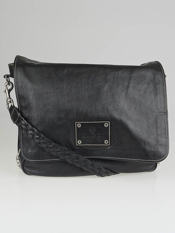 Gucci Black Leather Crest Chain Large Messenger Bag