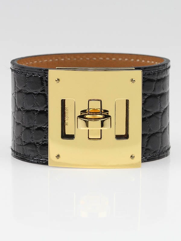 Hermes Black Shiny Lisse Alligator Gold Plated Kelly Dog Cuff