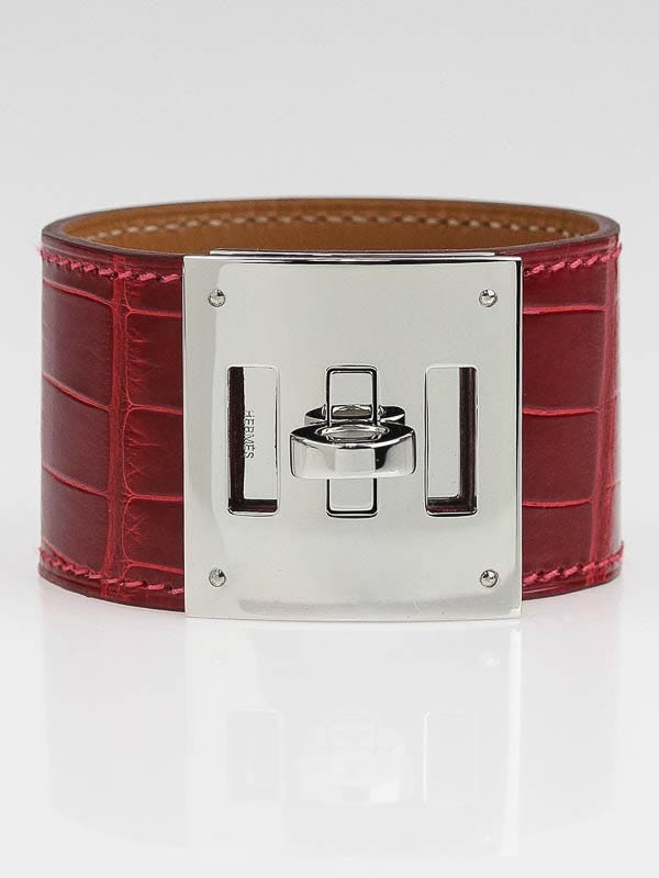 Hermes Rouge Vif Shiny Lisse Alligator Palladium Plated Kelly Dog Cuff Bracelet