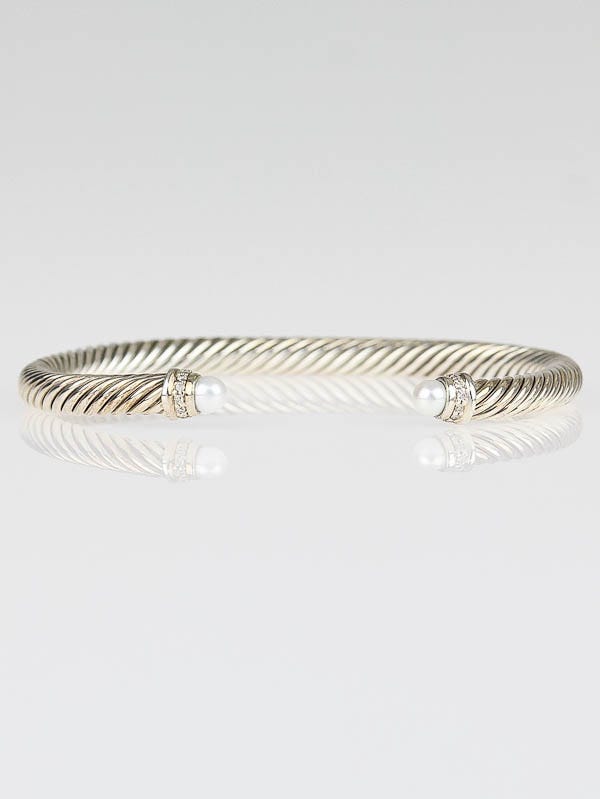 David Yurman 5mm Sterling Silver with Pearl and Diamond Cable Classics Bracelet