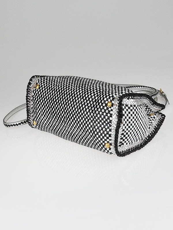 Prada Black/White Woven Goatskin Leather Madras Satchel Bag