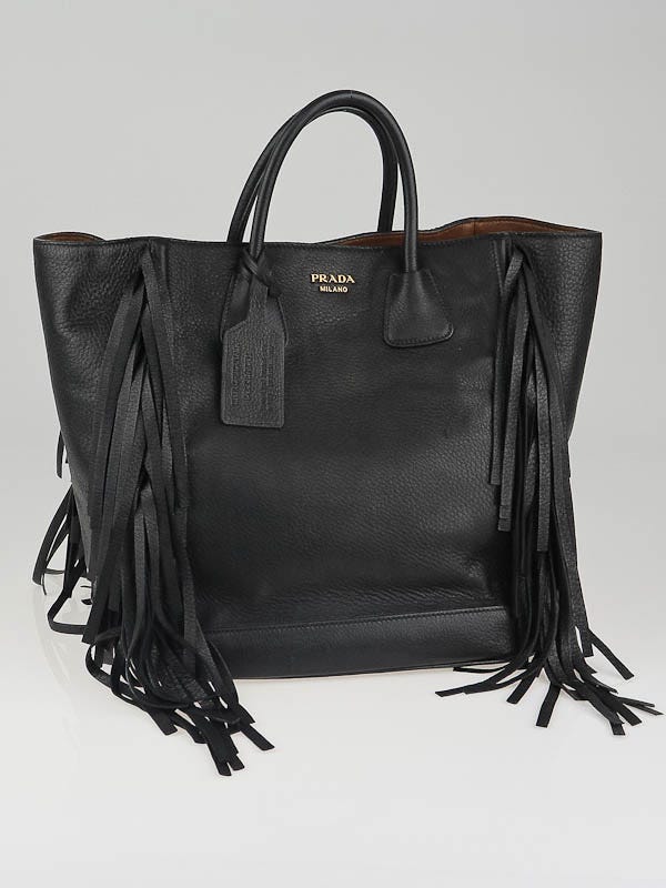 Prada Leather Fringe Large Shopper Bag Black