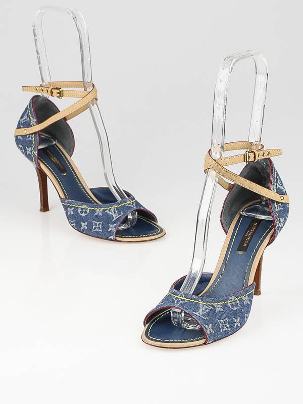 Louis Vuitton Blue Denim Monogram Denim Ankle Wrap Heels Size 5.5/36