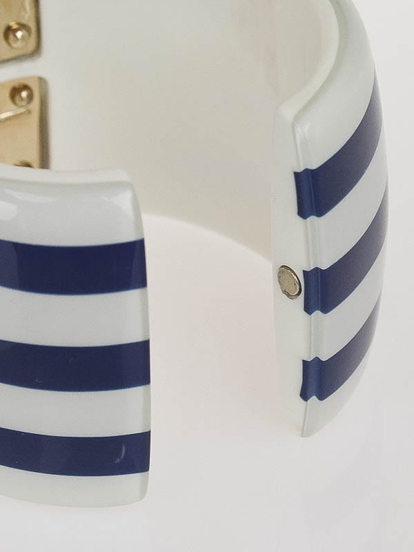 Chanel White/Blue Stripe Resin CC Wide Cuff Bracelet | Yoogi's Closet