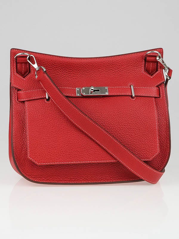 Hermes 28cm Rouge Casaque/Rose Jaipur Clemence Leather Palladium Plated Jypsiere Bag