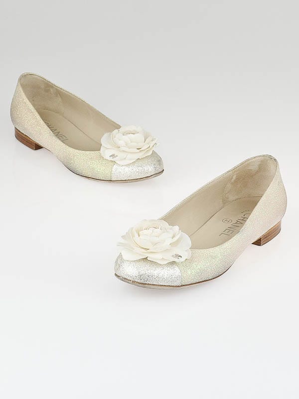 Chanel White Glitter Cap-Toe Camellia Flower Ballet Flats Size 6/36.5