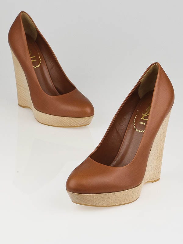 Yves Saint Laurent Brown Leather Maryna Platform Wedges Size 8.5/39
