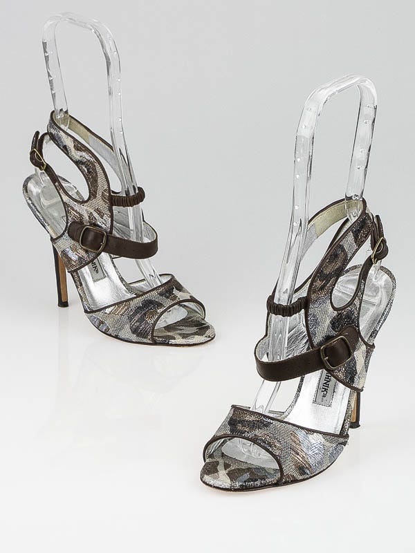 Manolo Blahnik Silver/Brown Brocade Leopard Print Peep-Toe Heels Size 5.5/36