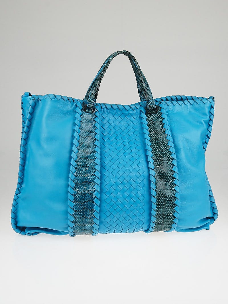 Bottega Veneta Turquoise Intrecciato Ayers/Nappa Leather Convertible Tote  Bag - Yoogi's Closet
