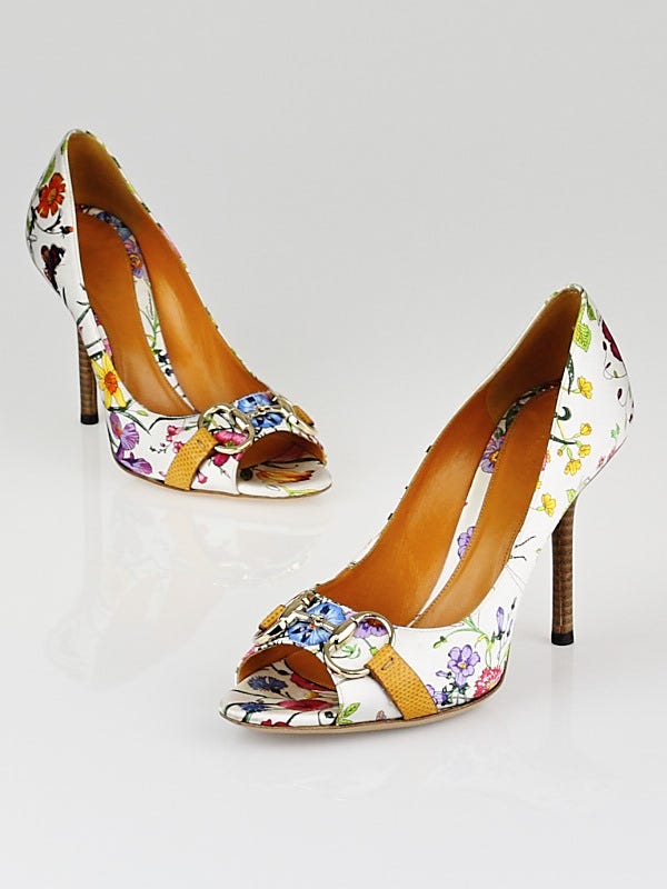 Gucci White Botanical Floral Satin and Karung Horsebit Peep Toe Pumps Size 6.5B Yoogi s Closet