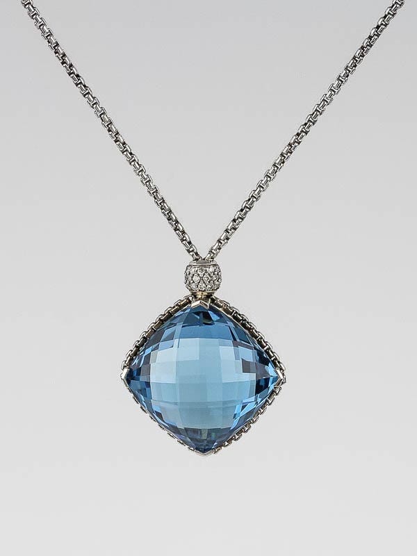 David Yurman 20mm Blue Topaz and Sterling Silver Cushion on Point Pendant Necklace