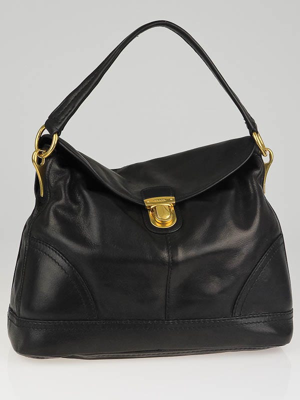 Prada Black Cervo Shine Leather Hobo Bag BR4549 | Yoogi's Closet