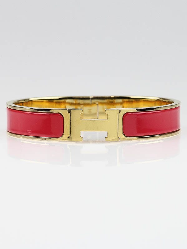 Hermes Red Enamel Gold Plated Clic H GM Narrow Bracelet
