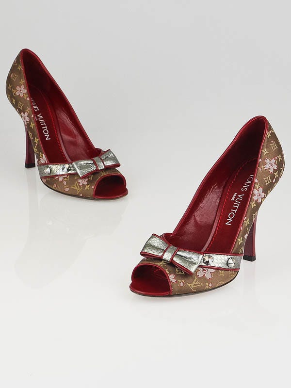 Louis Vuitton Brown Monogram Satin Cherry Blossom Peep Toe Pumps