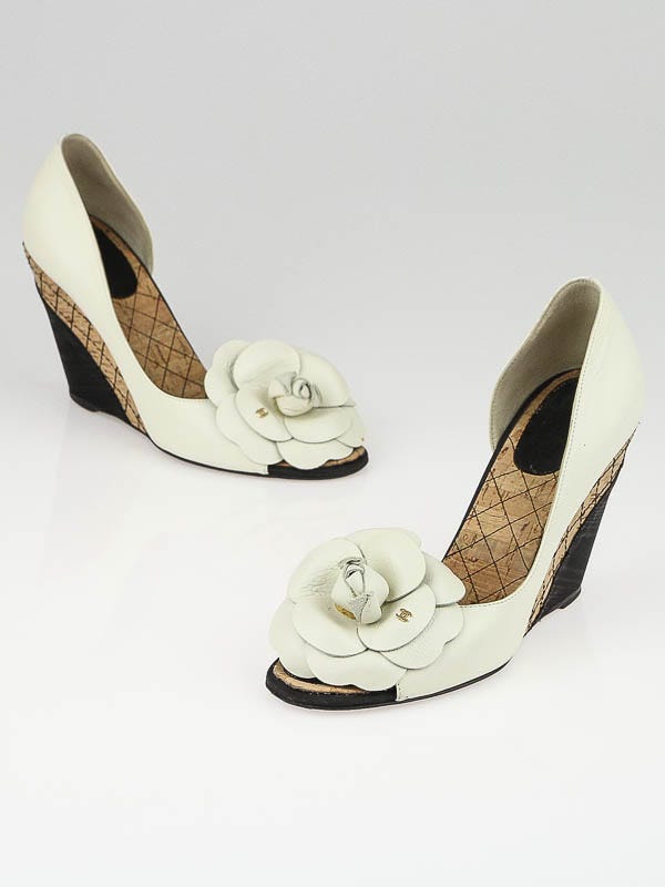 Chanel White Leather Camellia D'Orsay Quilted Cork Wedges Size 6.5