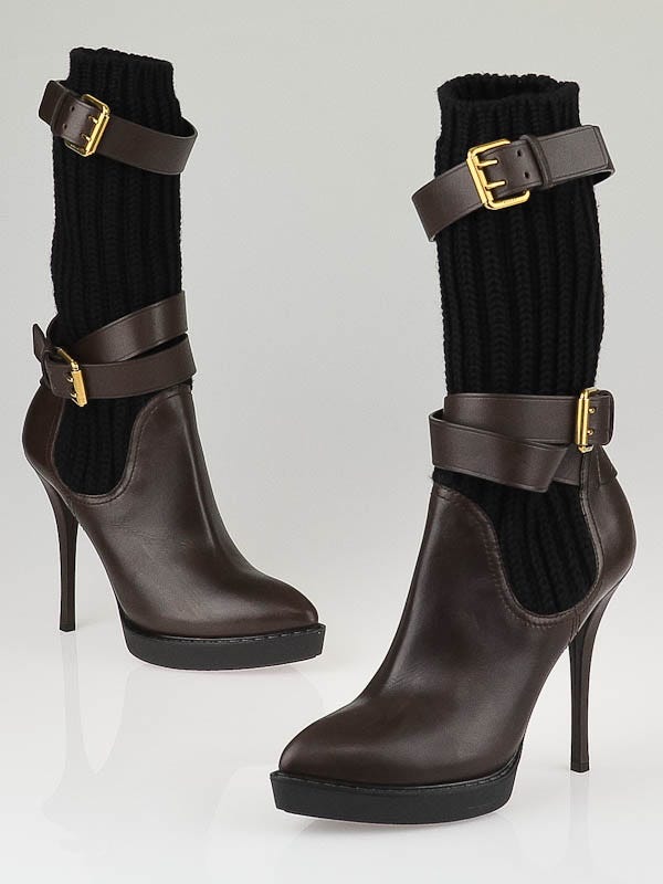 Gucci Chocolate Leather Lifford Lana Sweater Platform Boots Size 6/36.5