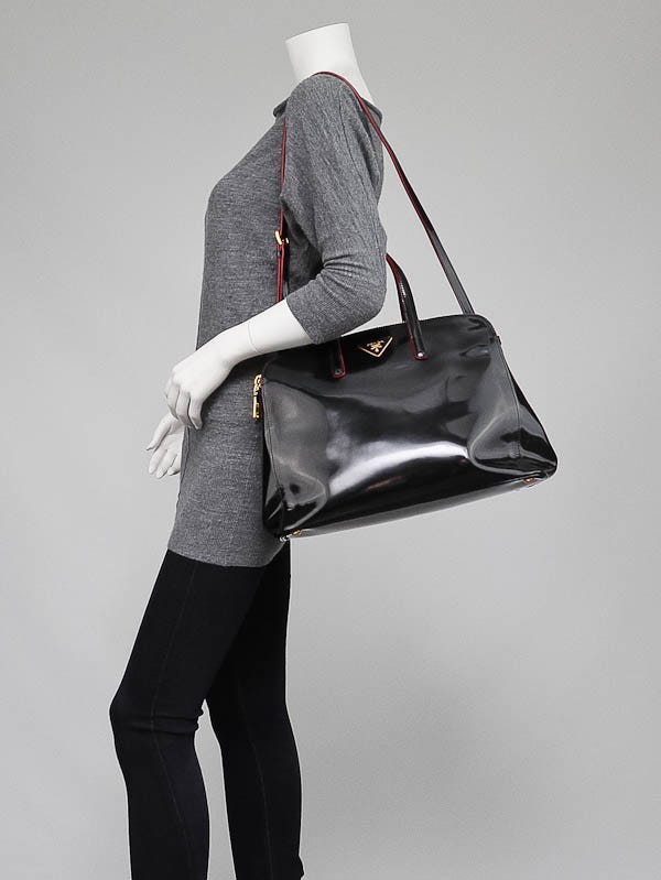 Prada Double Zip Patent Leather Shoulder Bag Black
