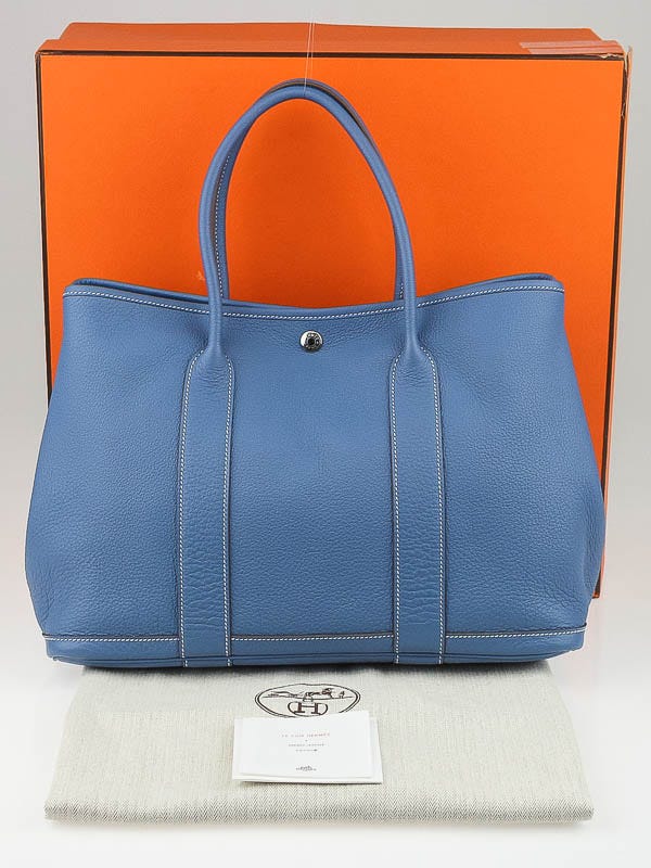 Hermes Blue Clemence Leather Garden Party MM Satchel