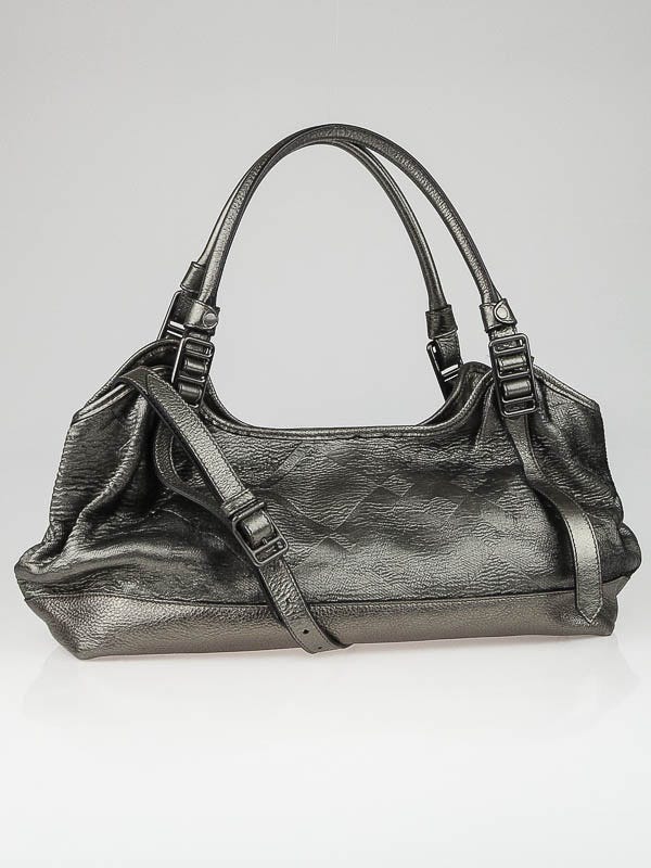 Burberry Anthracite Metallic Leather Shimmer Check Satchel Bag
