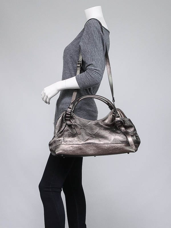 Burberry Anthracite Metallic Leather Shimmer Check Satchel Bag