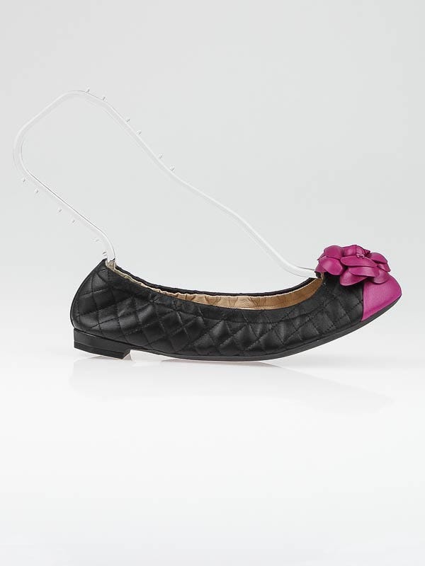 Chanel Black Quilted Leather Fuchsia Camellia Flower Elastic Ballet Flats 7/ 37.5 - Yoogi's Closet