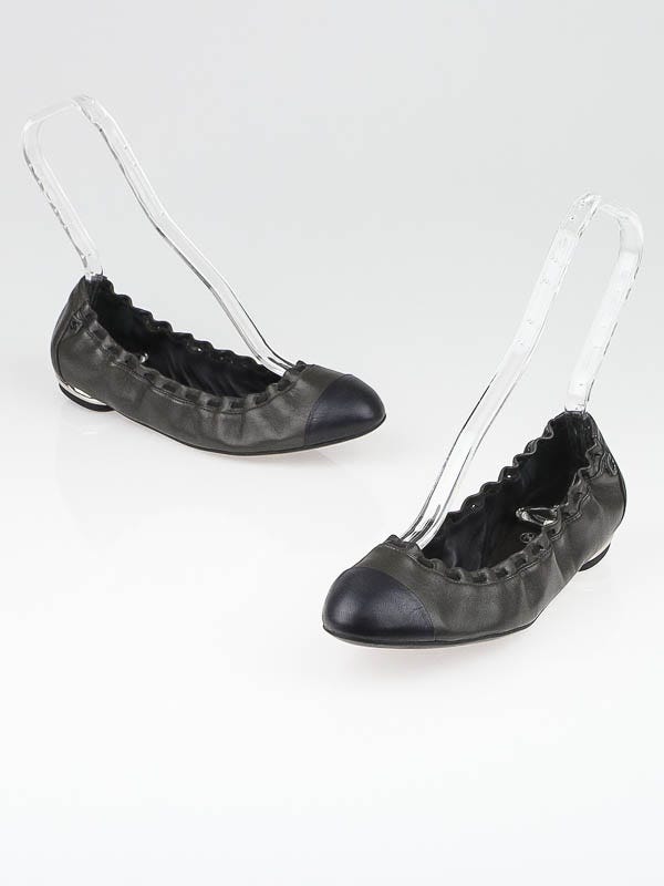 Chanel Anthracite/Marine Fonce Leather Elastic Ballet Flats Size