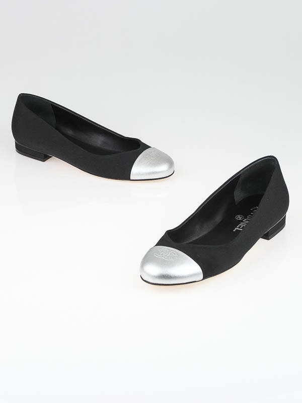 Chanel Black Grosgrain Silver Leather Cap Toe Ballet Flats Size 7