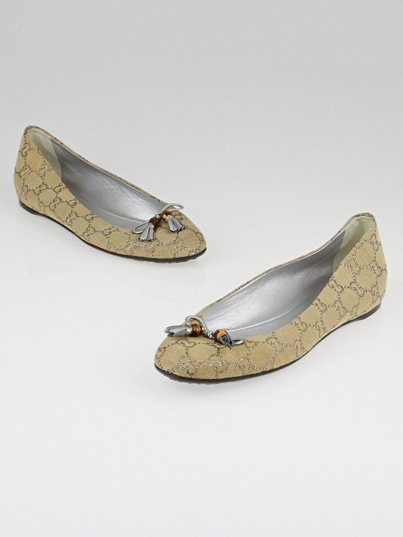 Gucci Beige/Silver Metallic GG Canvas Bamboo Tassel Ballet Flats Size 7/37.5