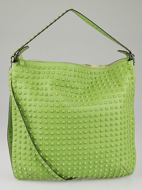 Valentino Green Leather Rockstud All Over Flat Shoulder Bag