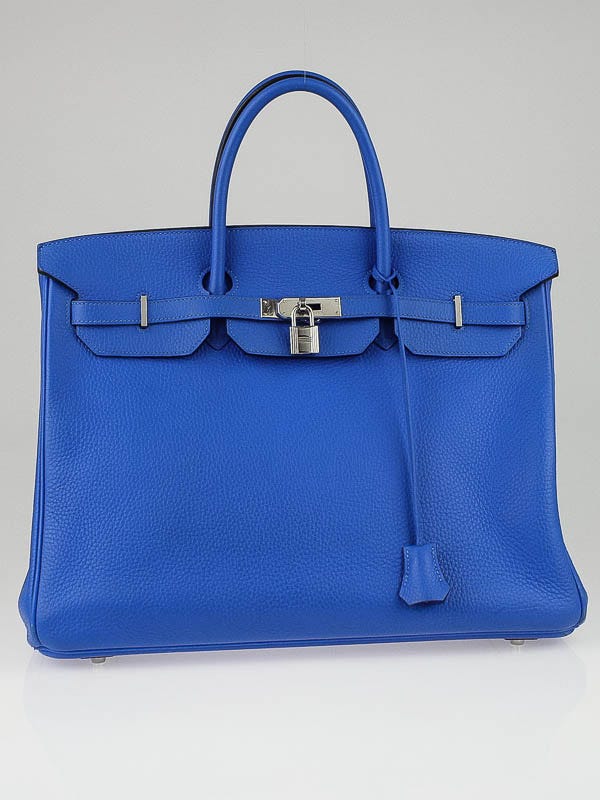 Hermes 40cm Blue Mykonos Clemence Leather Palladium Plated Birkin Bag